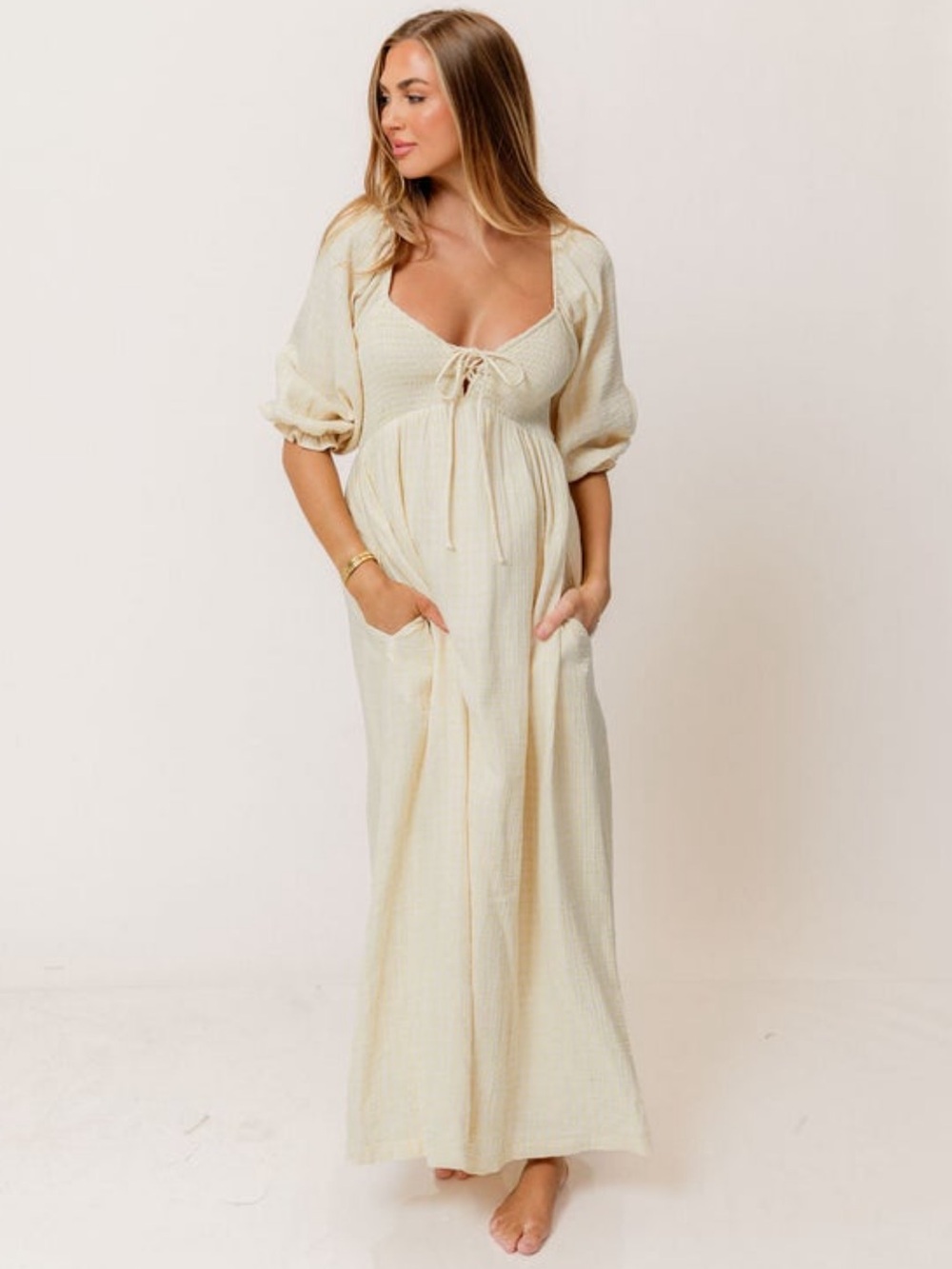 Cecila Smocked Maxi Dress in Custard Plaid (lined)